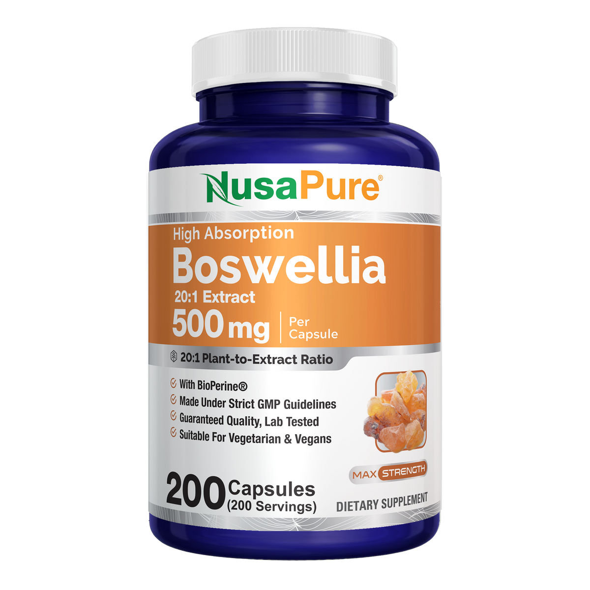 NusaPure Boswellia Serrata 500 mg Per Veggie Caps 200 Count (Ext. 20:1, Non-GMO, Vegan, Bioperine) Ayurvedic Herb: Indian Olibanum, Frankincense